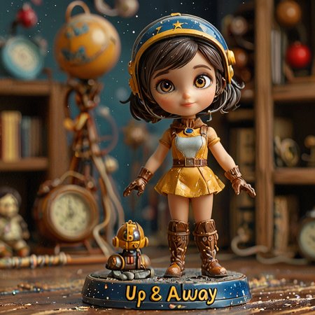 miniature  beautiful  girl, brunette , hazel eyes, sexy leotard, retro-space-helmet,  boots, gloves, belt,  "Up & Away " written on base , toy-abacus,  in the background  4k, highly detailed  <lora:Cute_Collectible:1>