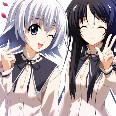 2girls,multiple girls,simple background,white background,smile,masterpiece,best quality,very aesthetic,absurdres,cowboy shot,upper body,close up,looking at viewer,smile,(illustration:1.2),(extremely fine and beautiful),(perfect details),(unity CG 8K wallpaper:1.05),(ray tracing),(beautiful and clear background:1.25),(depth of field:0.6),(beautiful face:1.2),petals,falling petals,v,
BREAK
1girl,yukari,memories off 4,long sleeves hamasaki uniform,longyukari,one eye closed,open mouth,
BREAK
1girl,inori,memories off 4,long sleeves hamasaki uniform,longinori,closed eyes,<lora:MemoriesOff4AIOK:0.8>,