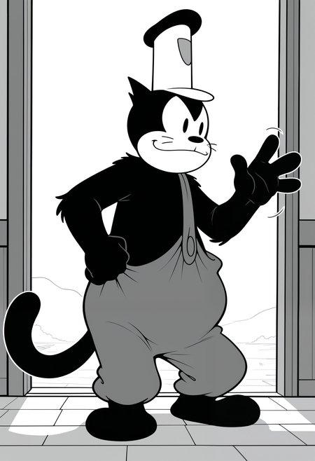 masterpiece,best quality,amazing quality,1boy, solo, p3t3, monochrome, furry male,  whiskers, tail, captain hat, overalls, waving,