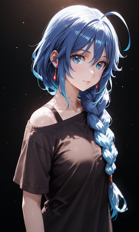 masterpiece, best quality, very aesthetic, absurdres, detailed, detailed background, BREAK, phoena/(cc/),1girl,solo,blue eyes,blue hair,long hair,bangs,hair ornament,hair ribbon,hair between eyes,braid,single braid,hair bun,single hair bun,hair over shoulder,ahoge,earrings,