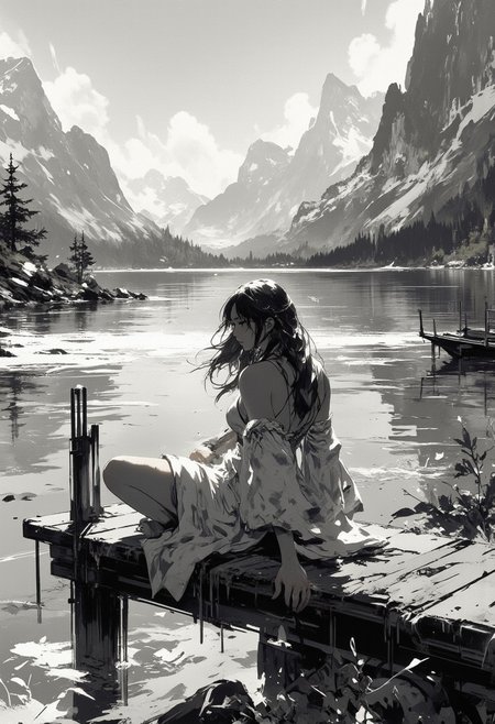 Mh1$AgThS2, intricate linework with expressive contrasts, soft lighting with dynamic highlights, neo-noir portrait, silver halide, young Asian woman in a summer dress, long loose hair, sitting at the end of a jetty on tranquil mountain lake, with mountains in the background, In the style of ff-td