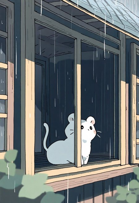 "(masterpiece, best quality, high quality, highres), very awa, highres, absurdres,
(naguru \(cyoroama\), (chii-kun \(seedyoulater\):0.7), 
(ermine:1.1),
(no humans:1.1), (cute:1.2), comfy, solo, cozy,
outdoors, 2 store house, looking in a window, curious, oo, rain, "