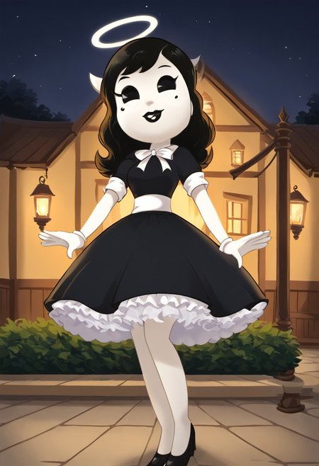 (Masterpiece, best quality:1.2), score_9, score_8_up, flat color, flat shading, soft shading, lighting, Alice Angel in a 1950's dress with a button down top, a fluffy frilly ruffled full petticoat, and high heels, dress, layered petticoat, frilly petticoat, fluffy petticoat, full petticoat, wide dress, flowing dress, solid colored skirt, short sleeves, black hair, Bendy and The Ink Machine, series accurate, cute, best high quality, high res, black lips, white colored skin, whole body shot, 1girl, solo, outside, standing straight, in a garden, cute, adorable, smile, low angle upskirt shot, cartoon, cartoon style, vector, solo, circle dress, 1950s, alice angel