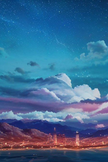 (masterpiece, best quality:1.4), high res, dramatic, scenery, large area sky, starfall, night, sky, stars, <lora:conceptBetterSky_sky:0.7>, puffy clouds, water surface, 3DMM mountain,  <lora:Detailed_Places_R-128_v1:0.7>
