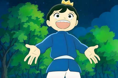 (blue doublet:1.4), long sleeves, white belt , from below, clenched hands, clenched hand, outstretched arms, excited, open mouth, (small boy:1.4), chibi, short, (cartoon boy:1.4), (crown on head:1.4), light black hair, black eyes, grassy field, (extremely detailed CG unity 8k wallpaper), (masterpiece), (best quality), (ultra-detailed), (best illustration), (extremely delicate and beautiful), finely detail, (starry night:1.4), (1boy:1.4), (solo:1.4)

<lora:Boji:1>