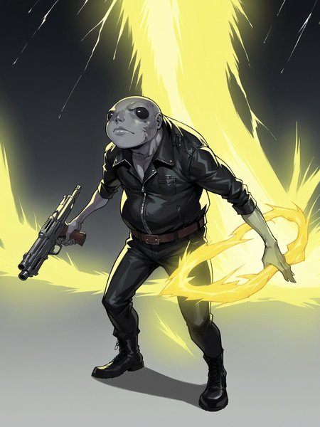 score_9, score_8_up, score_7_up, score_6_up,
BREAK
muscular, looking at viewer, standing <lora:er_albinauric:1>, er_frogman, monster, grey skin, black eyes
BREAK
black leather jacket, black pants, belt, black leather boots,  ki aura, blue electricity, yellow aura, aura, energy, around, holding huge weapon, huge gun
BREAK
wide shot, cowboy shot, night sky, night, thunderstorm, earthquake, wasteland, nature  front perspective,  <lora:supersaiyanauraXL3:1.3> supersaiyanaura