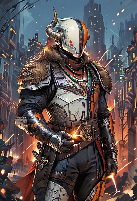 ((zPDXL3)), ((masterpiece,best quality, highly detailed)), ((score_9)), score_8_up, score_7_up, score_6_up, score_5_up, score_4_up, Digital painting style, brushstrokes, ((EnhanceImage)), solo, 1boy, lord_sh@xx, helmet, armor, pauldrons, belt, necklace, muscular,
Expressiveh, 30yo, 
chinese magical sorceress, animated, swirling magic, wisps of magic, magical accessories, evoking motion, conveying motion, dynamic splash art, ((handfixer)), four fingers, one thumb, detailed background, sci-fi city,
<lora:PainterlyFantasiaPDXL:0.6>,