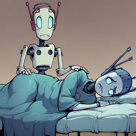 score_8, score_8_up, score_7_up, lo_su_qu, no humans, humanoid robot, standing,  standing, frown, looking down, lying, on side, on bed, under covers