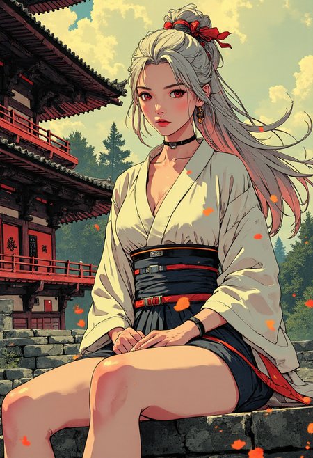 (Ink Style, A stunning  illustration in high-quality anime style, stunningly beautiful and cool female samurai, wearing white kimono, her silky-like silver hair flowing the wind, crimson red eyes burn deeply, her gaze piercing like an arrow. sitting with confidently and cool expression, antique japanese temple on her background, extemely detailed, masterpiece, hig quality ), <lora:CPA:0.6>,  <lora:Luminous_Shadowscape:0.8>,  <lora:9mix:0.6>,  <lora:RetroAnimeFluxV1:0.6>
