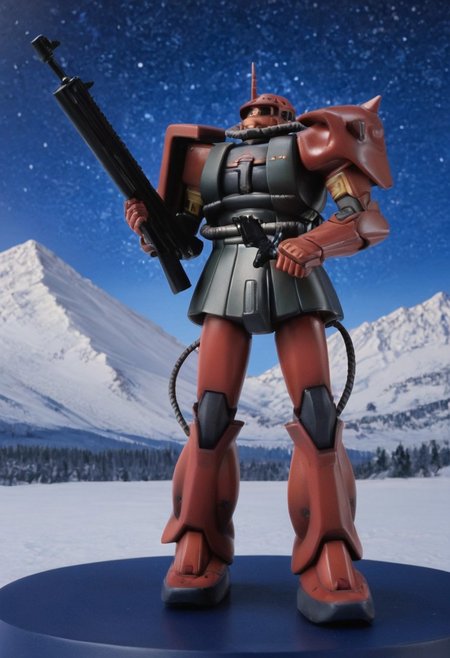 score_9, score_8_up, score_7_up, cowboy shot, side view, BREAK, ( white armor, white zaku, grey zaku, white mech, grey mech, one eye, looking to the side, holding rifle in both hands, ) 3 mechs, mech focus, walking, BREAK, snow, ice, ice mountains, dark blue violet sky, night time, starry sky, Realistic, Relaxed, Moonlit, beautiful detailed supreme quality color intricate, dynamic dramatic beautiful full taking, contemporary fine detail, highly detail, dynamic background, positive emotional, figure, background curving upwards, snow getting kicked up, miniature, pink monoeye,