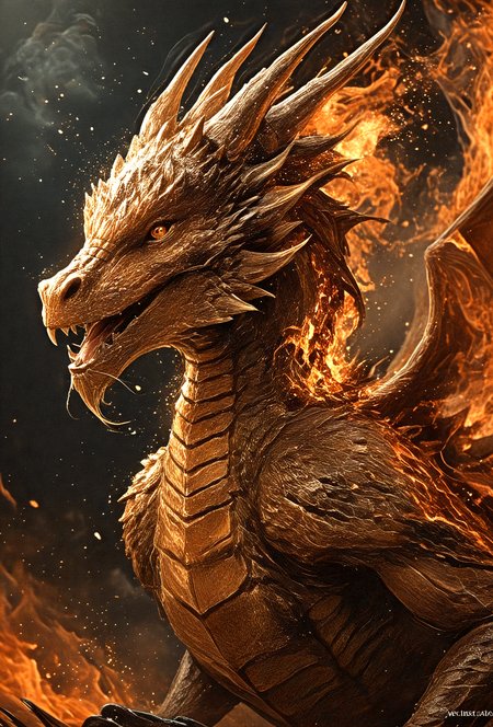 the mighty dragon rises on wings of fire.  It lives in an alternate universe, background is dark adding vivid contrast to the dragon's bright skin, hyperdetailed, intricate textures, glow effects