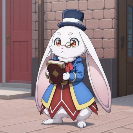 masterpiece, best quality, amazing quality, emulslfILv2, semi-anthro, female, rabbit, white fur, reddish orange eyes, dark blue top hat, red dress white trim, blue jacket yellow trim, red ascot, gold Monocle, outside, solo, holding book, full body, from front, <lora:9d198e87-28f2-46cb-9794-555b9fbbbe98:1.0>
