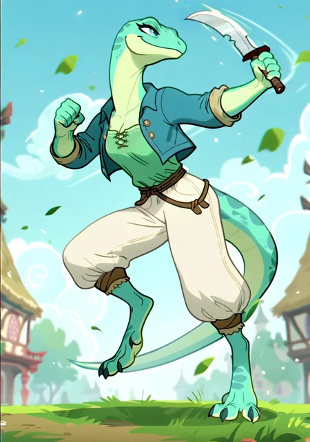 source_cartoon, screencap, score_9, score_8_up, score_7_up, score_6_up, score_5_up, score_4_up, rating_safe,furry, cute lizard girl, blue eyes, (big half closed eyes),fight stance, battle, holding knife, ,wide pants,, wearing medieval thief clothes, strong, long limbs, caribbean village background, (detailed background)+,skinny, slim butt, full body, smirking, solo, extremly detailed, blue sky,

LoRA:
cutesexyrobutts_style_xl_goofy - 0.9
ToraFurry_XL_PonyV6_p1-t1 - 0.75
extremely_detailed - 0.75