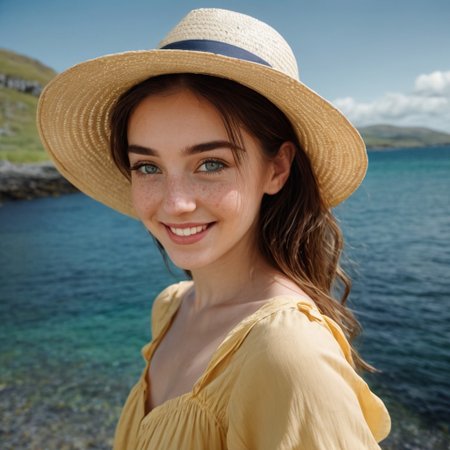 1girl,  (small, petite, cute and beautiful Irish girl), dressed in a skimpy summer short yellow dress with thin straps that slip from shoulders, off-shoulders,  deep and low cleavage,  bare shoulders and back, black long hair wild and wavy under an oversized straw hat with a large blue ribbon, vivid light grey eyes with long eyelashes, big smile, freckles, perfect hand and fingers, walking on the shore in County Mayo, an incredible blue sea background