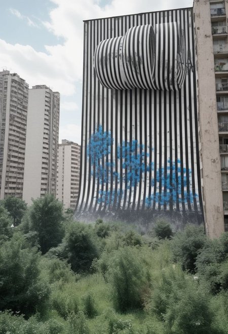 bw-grignani, emphasis lines, Capture the juxtaposition of a weathered high-rise wall transformed by a graffiti artist's vibrant fresco. From a horizontal depiction of an utopian, flourishing, harmonious society coexisting with nature, to a portrayal of a destructive, parasitic state where firepower and explosions have ushered in a dystopian reality. Show the transition from hope to chaos in this evolving urban landscape. seamlessly blends into the pattern of thick, perfectly aligned stripes, merging with the illusion of infinite lines.