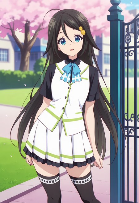 anime screencap, masterpiece, best quality,
<lora:MusaigenNoPhantomWorld_IzumiReina_IlluXL:0.9>,
1girl, solo, open mouth, light smile,
long hair, hair between eyes, ahoge, black hair, blue eyes, hairclip,
white vest, collared shirt, black shirt, blue bowtie, short sleeves, pleated skirt, frilled skirt, white skirt, black thighhighs,
contrapposto, looking at viewer,
building, cherry blossoms, gate, grass, day, blurry background