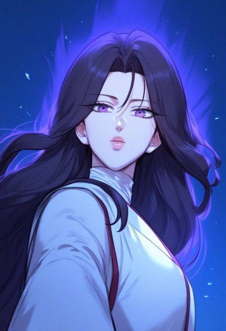 highly detailed, masterpiece, score_9,score_8_up,score_7_up, (manhwa artstyle),  YooIseol, dark violet eyes, dark hair, long hair, martial art uniform, cowboy shot, looking at viewer, aura