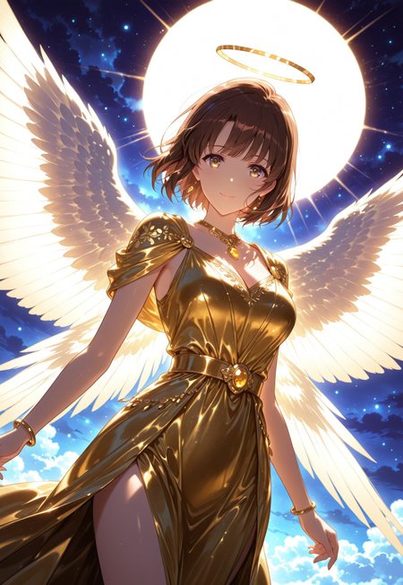 safe_pos, safe_pos, Dynamic pose, dutch angle, (close up shot), cinematic framing, (digital painting:0.8), (aura:0.2), mythp0rt, bokeh, moonlight, cool toned lighting , 

elegant, masterpiece, best quality, highly detailed, high contrast, dramatic shadows, raytracing,

White angel theme,  elegant high-slit white and gold dress, intricate embroidery, cleavage, golden jewelry, massive ethereal wings, golden halo, soft divine light, feathers, divine pose, heavenly atmosphere, soft smile, looking at viewer,

 (solo), 1girl,Megumi <lora:IL-KatoMegumi:0.8>,brown hair,katou megumi,brown eyes,medium breasts,short hair, ((detailed eyes))