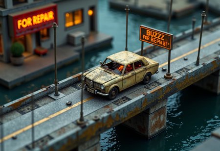 microworldlora. 
image of small bridge from the top with a demolished car in the middle and a Big sign that says "BUZZ FOR REPAIR", old cars, that connect to part of a city day time, water under the bridge, a small fire inside the car, Big sign that says "BUZZ FOR REPAIR"