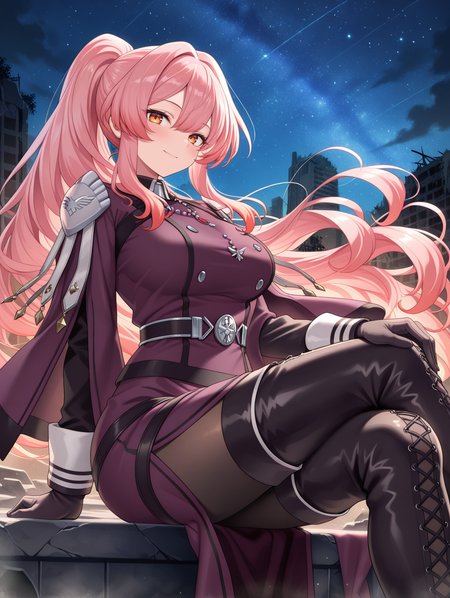 exosister martha, 1girl, solo, sitting, smile, crossed legs, looking at viewer, night, starry sky, ((sky)), closed mouth, black cross-laced thigh boots, blush, large breasts, outdoors, black pantyhose, purple military dress uniform, purple capelet, black gloves, silver necklace, from side, ruins,
masterpiece,best quality,amazing quality,very aesthetic,absurdres,newest,<lora:Exosister Martha illusXL v1:0.7>,