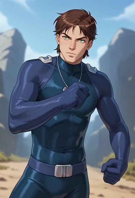 embedding:Pony\Positive\zPDXL3, score_9, score_8_up, score_7_up, 1boy, male focus, solo, dean_ts!, brown hair, green eyes, bodysuit, dark blue catsuit, fighting stance, dynamic angle, dynamic pose, raised eyebrows, depth of field, best quality, high resolution, masterpiece.