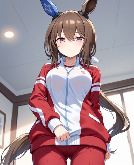 score_9, score_8_up, score_7_up, 1girl, (looking at viewer:1.2), (closed mouth:0.6), expressionless,, blush, , (fetal position:1.2),, (from below:1.2),
admire vega \(umamusume\),  <lora:pony_admire_vega_v1.02:1>, horse ears, horse tail, hair between eyes, low ponytail, single ear cover,
<lora:_sdxl-um-tracenjersey-pony:0.6>, red jacket, track jacket, sleeves past wrists, tracenjerseypants, red long pants,,
,