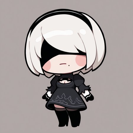 masterpiece, best quality, newest, chibi, full body, blush stickers, solo, 1girl, no2tb, mole under mouth, expressionless, standing, short hair, white hair, black hairband, covered eyes, black blindfold, short dress, black dress, cleavage cutout, juliet sleeves, feather-trimmed sleeves, black gloves, black thighhighs, thighhighs under boots, black footwear, thigh boots, high heel boots, simple background
<segment:yolo-Anzhc Face seg 640 v3 y11n.pt,0.4,0.6//cid=11>