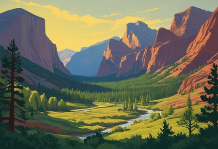 Silkscreen, ((WPA style)), (national parks style), vivid natural colors, limited color palette, painting,