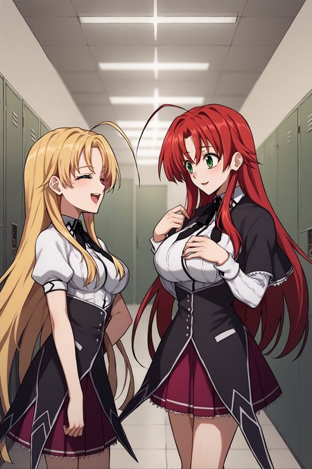 score_9, score_8_up, score_7_up, score_6_up, source_anime, two girls, friends, talking, hallway, lockers, upper body, standing, looking at each other anime coloring, 2girls BREAK 2girls, <lora:asiaargento-pdxl-nvwls-v1-000005:1> dxdaa, blonde hair, very long hair, green eyes, ahoge, white shirt, short sleeves, puffy sleeves, black underbust, neck ribbon, collared shirt, purple skirt, pleated skirt, medium breasts, closed eyes, happy, open mouth BREAK 2girls,   <lora:rias-pdxl-nvwls-v1:1> dxdRG, red hair, ahoge, long hair, big breasts, black capelet, neck ribbon, white shirt, long sleeves, school uniform, purple skirt, smile, big breasts