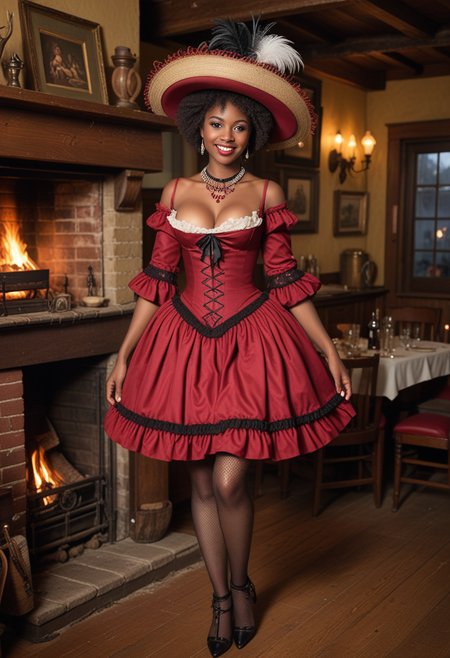 (medium full shot) of (coquettish harlot) young woman, black american, dark skin, light brown eyes, willowy build, short dark afro hair, wearing a crimson empire waist dress, fishnet stockings, high-heeled shoes, pearl necklace, kohl-lined eyes, feathered hat, set in the 18th century, in  bustling inn, wooden beams, roaring fireplace, patrons laughing and talking, scent of ale and food, at night, woman smiling, Masterpiece,best quality, photo, realistic, very aesthetic, detailed face,