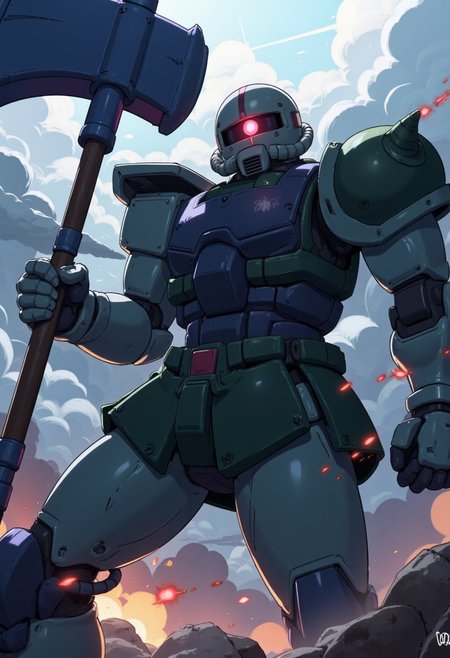Create a dynamic and detailed illustration of a Zaku II mobile suit in the middle of combat. The MS-07B Gouf,(((mecha blue))) (((axe in hand))), the mobile suit's bright red mono-eye glows brightly when focused on the target, adding a sense of intensity and menace to the scene . The MS-07B Gouf's armor shows signs of battle, with scratches,