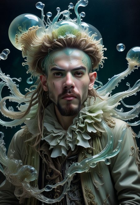 long mid shot portrait photography of an ethereal young  pirate man, fairytale aesthetic. light green sheme, Photorealistic, intricate details, realism, sfw, ultrasharp, photography, floating, water, under water, jellyfish, haute couture, tentacles, bioluminescence