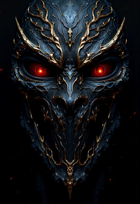 Symmetry ghost, Black with gold trim, hint of red, meta, Fallen, ambiguous mask, Diablo, mysteries, serpentine eyes of the hurricane, blue cracks