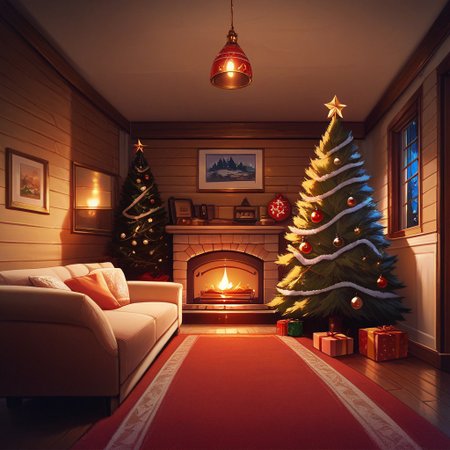 score_9, score_8_up, score_8_up, score_6_up,chrlib, scenery, indoors, living room, night, oven, christmas tree, christmas ornaments, red carpet, orange