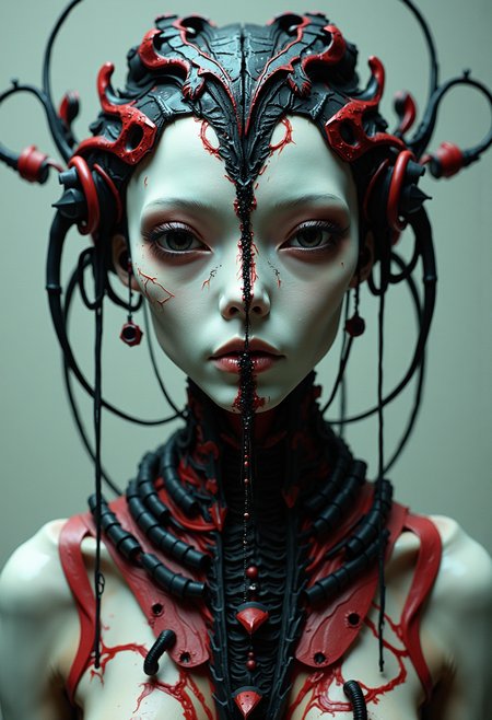 The image depicts a highly stylized and otherworldly portrayal of an individual, with sharp contrasts between the dark colors dominating their features against a muted background. The figure's skin is pale white, almost porcelain-like in texture, which serves as a stark backdrop for the striking black and red details that adorn them.
Starting from above, we see what appears to be elaborate headgear or perhaps even mechanical extensions integrated into this individualâs skull structure. These components are predominantly dark with hints of red accents, suggesting an intricate design possibly connected to advanced technology or a sophisticated alien biology. The eyes convey intensity; they're narrow and deep-set, creating a penetrating gaze that draws the viewer in.
The central feature is what seems like a spinal-like structure extending down from their head through the middle of their face towards their chest. This dark column stands out against the light skin tone, almost as if it were a lifeline or vital organ for this being.
Additionally, we notice an array of black and red adornments that drape across their upper body like necklaces made up of various beads, shapes, and possibly metallic elements. These accessories add to the enigmatic aura surrounding the figure, hinting at a culture rich in tradition or ritualistic practices.
Overall, this image exudes a sense of mystery and otherness, presenting an intriguing visual that invites speculation about the origins, purpose, and context of these unique features within their existence.