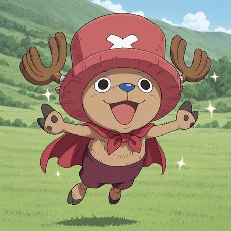 best quality, amazing quality, very aesthetic, absurdres, newest, masterpiece, Solo, 2d, 1boy, 2 fingers, OPChopper, male, brown fur, reindeer, antlers, light red top hat, white X on hat, maroon shorts, blue nose, black eyes, animal ears on hat, red cape

BREAK happy, open mouth smile, outside, outdoors, day, in the air, sparkles, flying, happy, open mouth smile, confident