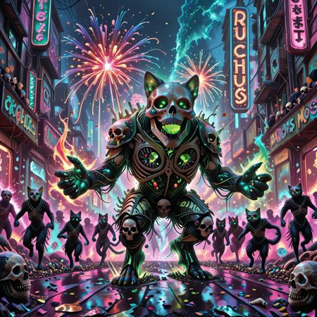 cf_style, skullthemeXL, neon mutation lights, bone confetti, rave chaos, cartoon realism, stylized crowd motion,
(Multiple mutant cats), dancing wildly under a radioactive rain, each wearing skull masks or bone armor with glowing patterns.  
Floats shaped like colossal feline skulls pass by, shooting colored fireworks made of femurs and neon sparks.  
Background is a ruined post-apocalyptic city overrun with mossy bones and glowing graffiti.  
Exploding lights create vibrant silhouette effects, stylized chaos and rhythmic crowd flow. High energy color palette and exaggerated motion poses.