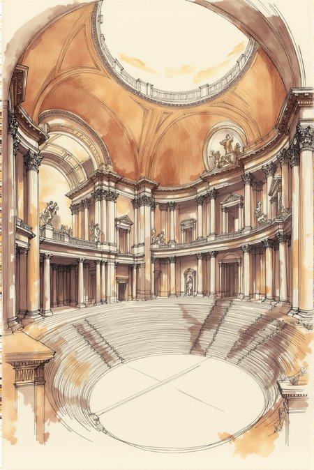 <lora:Watercolor_sketch_v.1:0.8> Watercolorsketch style. This masterful architectural sketch exudes classical grandeur, depicting a grand amphitheater or palace interior with an exquisite fusion of technical precision and expressive artistry. The composition is constructed with meticulously drafted perspective lines, guiding the eye through the vast, curvilinear space adorned with Corinthian columns, intricate archways, and statues poised in niches. The domed ceiling, rendered with elegant cross-hatching and subtle washes of sepia ink, suggests the interplay of light filtering through the monumental structure. Sweeping staircases and tiered seating, sketched with fluid yet disciplined linework, add a dynamic rhythm to the piece, enhancing the sense of depth and scale. Fine detailsâsuch as sculptural reliefs, decorative moldings, and architectural embellishmentsâare interwoven with gestural ink splatters and controlled watercolor washes, lending the artwork a timeless, almost ethereal quality. The delicate balance between structural rigor and artistic looseness captures the spirit of classical European architecture while imbuing the scene with a sense of movement and history. This drawing embodies both the analytical discipline of architectural drafting and the expressive spontaneity of ink and wash techniques, evoking a grand, bygone era of monumental design and artistic mastery.