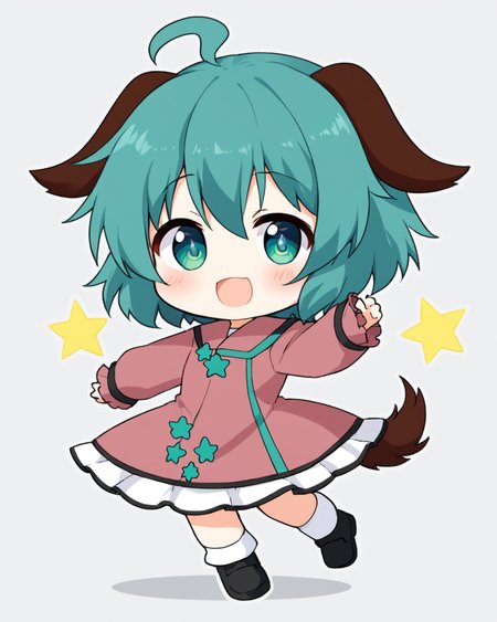 kasodani kyouko,1girl, solo, open_mouth, fang, >_<, dog_tail, white_background, simple_background, full_body, long_sleeves, chibi, black_footwear, ahoge, :d, blush, pink_dress, white_socks, lightning_bolt_symbol, v-shaped_eyebrows, standing, brown_dress
<lora:kasodani_kyouko_image2405_2023-12-20-000008:1>,star-shaped_pupils,symbol-shaped_pupils,. gorgeous,key visual, vibrant, studio anime,award-winning, professional, highly detailed,high budget, cinemascope