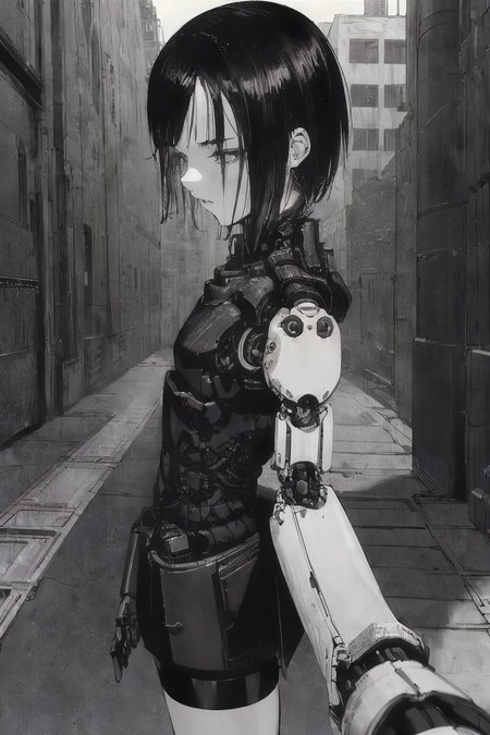 1girl, sanakan (safeguard), safeguard, silicon life, (highly detailed face:1.3), small breasts, short dark hair, thin lips, emotionless, (mechanical parts, cables:1.2), short dark skirt, dark vest, white legs, white hands, white skin, highly detailed, best quality, cinematic lighting, sharp focus, walking, POV, (highly detailed hands:1.2), body bend, head tilt, vast scenery, city ruins, (IncrsHoldingHandsPov:1.2), from side