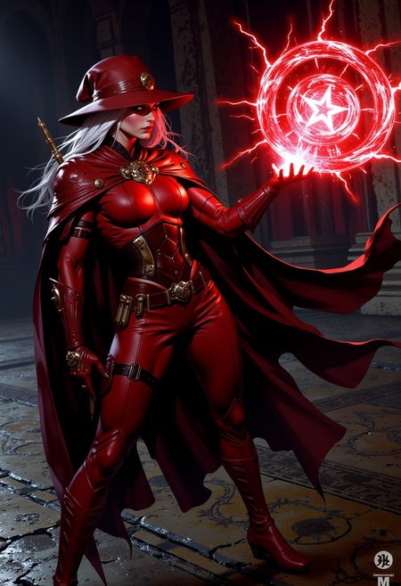 "A strong witch hunter woman, with white long hair, breaks a strong spell, counter it. a red lightining goes agianst her and the spell rupture in the air. She wears red leather suit, pilgrim hat, bullet belts and cape, her eyes focused and determined. The background is an open and dark  with intricate patterns on the floor, complementing the dungerous atmosphere."