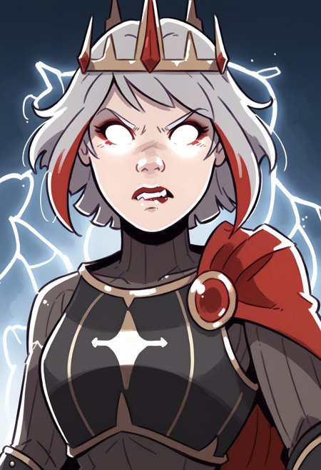 score_9, score_8_up, score_7_up, score_6_up, davecheung-dh BREAK, IncrsLowTier, glowing eyes, no eyes, electricity, upper body, 1girl, solo, looking at viewer, bangs, grey hair, red hair, multicolored hair, teeth, makeup, red lips, streaked hair, angry, crown, armor, biting lips, cape <lora:Ulfger_PDXL:0.6>  <lora:KYS_XLPD:0.8>  <lora:Artist_Style_-_Dave_Cheung:0.8>