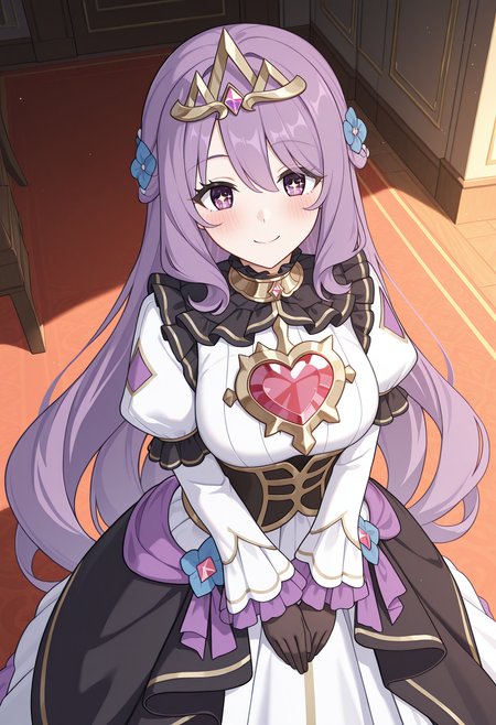 highres, best quality, masterpiece, indoors,
1girl, solo, pcrviolet, purple hair, very long hair, purple eyes, sparkling eyes,
pvioldef, blue flower, tiara, gold choker, white dress, heart brooch, black corset, frilled collar, black collar, juliet sleeves, frilled sleeves, black gloves, black dress, overskirt,
looking at viewer, blush, smile,
standing, from above, v arms, 
<lora:_violet_pcr-elesico-ilxlA:1>