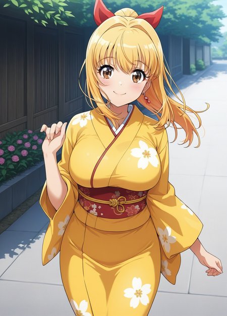 1girl,  marin, long hair, ponytail, blonde hair, brown eyes, large breasts, hair ribbon, earring,
outdoor, yellow kimono, flower print, looking at view, cowboy shot, smile, 
masterpiece, best quality,  <lora:marine_IL:1>
