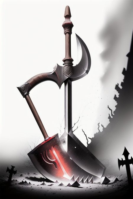 White background, 
"Masterpiece, highest quality, (Shovel-Axe hybrid:1.3) with (glowing runes:1.2) etched on the blades, intricate design, (dark wood handle:1.1), rare magical weapon, detailed craftsmanship, (eerie aura:1.2), professional photography, by Annie Leibovitz, soft lighting, high contrast, vivid colors, (graveyard background:1.0), misty atmosphere, enchanting glow."