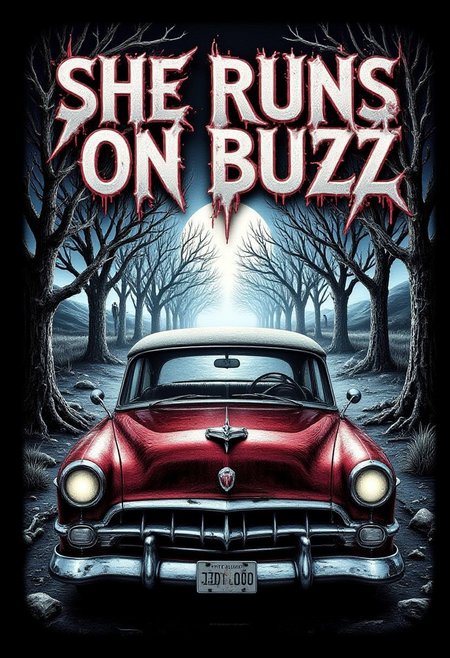 m3t4ll0g0 Text : "SHE RUNS ON BUZZ" . Red Christine car [Christine], 1950s Red Plymouth Fury in foreground, solo, moody lighting, horror movie lighting, desert in background, spooky trees, spooky fog in background, view from ground up, Plymouth Fury car facing viewer, aidmaHalloweenBoost,