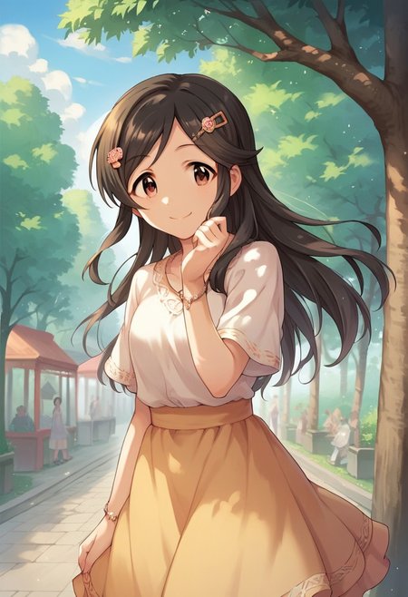 score_9, score_8_up, score_7_up, source_anime,momoi azuki, brown eyes, black hair, hair ornament, long hair, brown hair, hairclip, smile, bracelet, jewelry, tree, solo focus, skirt, outdoors, 1girl