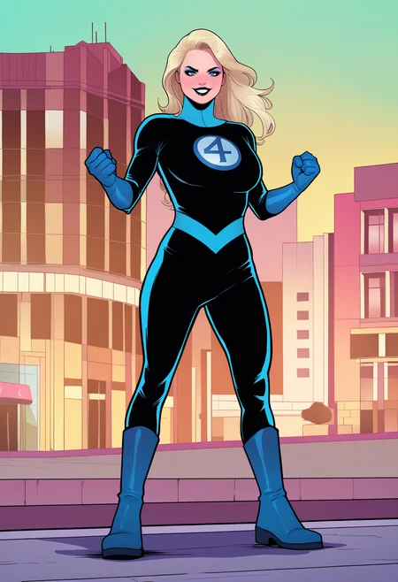 best quality, amazing quality, very aesthetic, absurdres,
1girl, susanrichards, blonde hair, long hair, blue eyes, makeup, black lips,
black bodysuit, blue turtleneck, gloves, boots,
clenched hands, smile, solo, standing, looking at viewer, buildings, street, new york street background,  <lora:SusanRichardsNoobXL_byKonan:1>