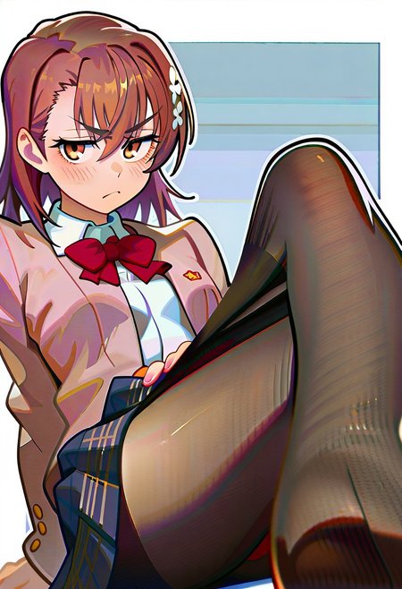 masterpiece,best quality,amazing quality, newest, absurdres, highres, Mevak_PS, two-tone background, Ramme_CL, Ramme, 1girl, misaka mikoto, brown hair, feet, no shoes, sitting, brown eyes, blush, white shirt, hair ornament, looking at viewer, toes, red bow, red bowtie, tokiwadai school uniform, soles, brown jacket, hair flower, bangs, foot focus, long sleeves, blazer, closed mouth, pantyhose pull, foreshortening, blue skirt, collared shirt, hair between eyes, frown, white flower, short hair, plaid skirt, foot up, black pantyhose, pleated skirt, foot out of frame, open clothes, open jacket, breasts, clothes pull, legs, arm support, v-shaped eyebrows, thighs