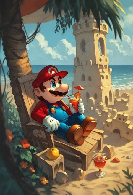 score_9,score_8_up,score_7_up,
, solo, Mario,  male, red short, sitting, smaller,  mustache,  On the beach, in a swimsuit, makes a sand castle, cocktail on the sand